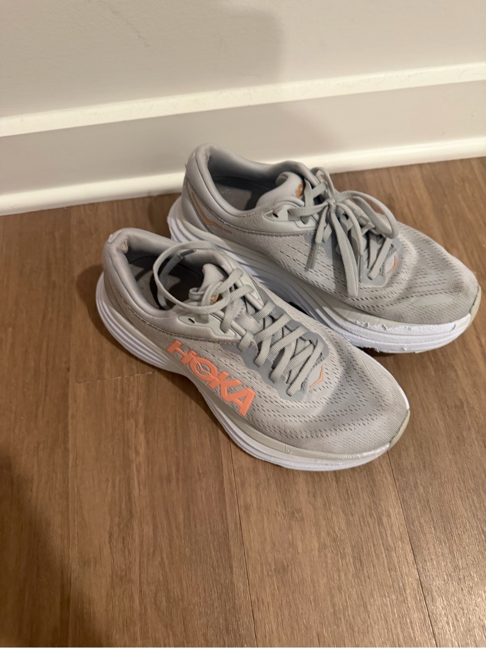 Hoka Light Gray Sneakers with Coral Accent Logo